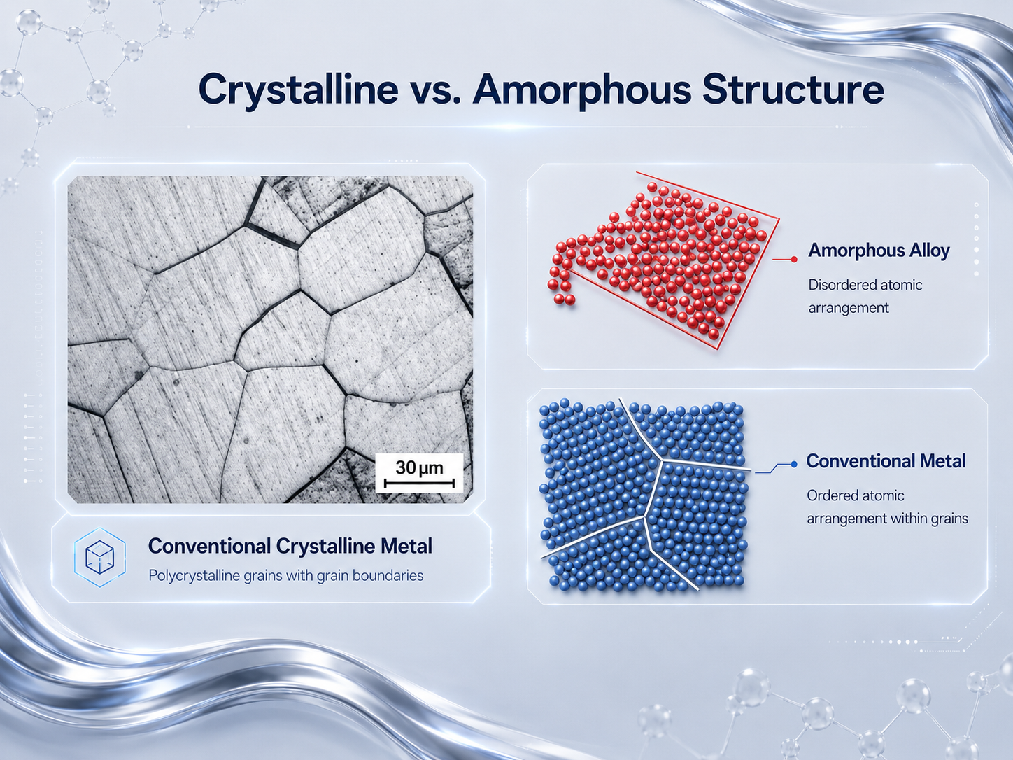 Crystalline vs amorphous structure comparison showing conventional crystalline metal and amorphous alloy